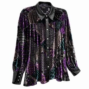 Meritt Velour Tunic Top 1XL Mardi Gra Burnout Sheer Patchwork Balloon Sleeve